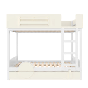 English Elm Full Bunk Bed with Trundle Bookshelf Storage Pine Frame Car Design for Kids Beige+White W1580S00444