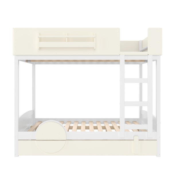 English Elm Full Bunk Bed with Trundle Bookshelf Storage Pine Frame Car Design for Kids Beige+White W1580S00444