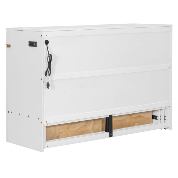 English Elm Queen Murphy Wall Bed with Drawers Usb Charging Ports Pulley Lift Mdf Cabinet White LP100671AAK-1