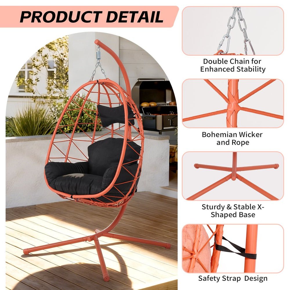 English Elm Hanging Egg Chair Wicker Swing with Stand Ergonomic Cradle for Patio or Bedroom T5880P497580
