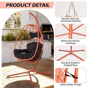 English Elm Hanging Egg Chair Wicker Swing with Stand Ergonomic Cradle for Patio or Bedroom T5880P497580