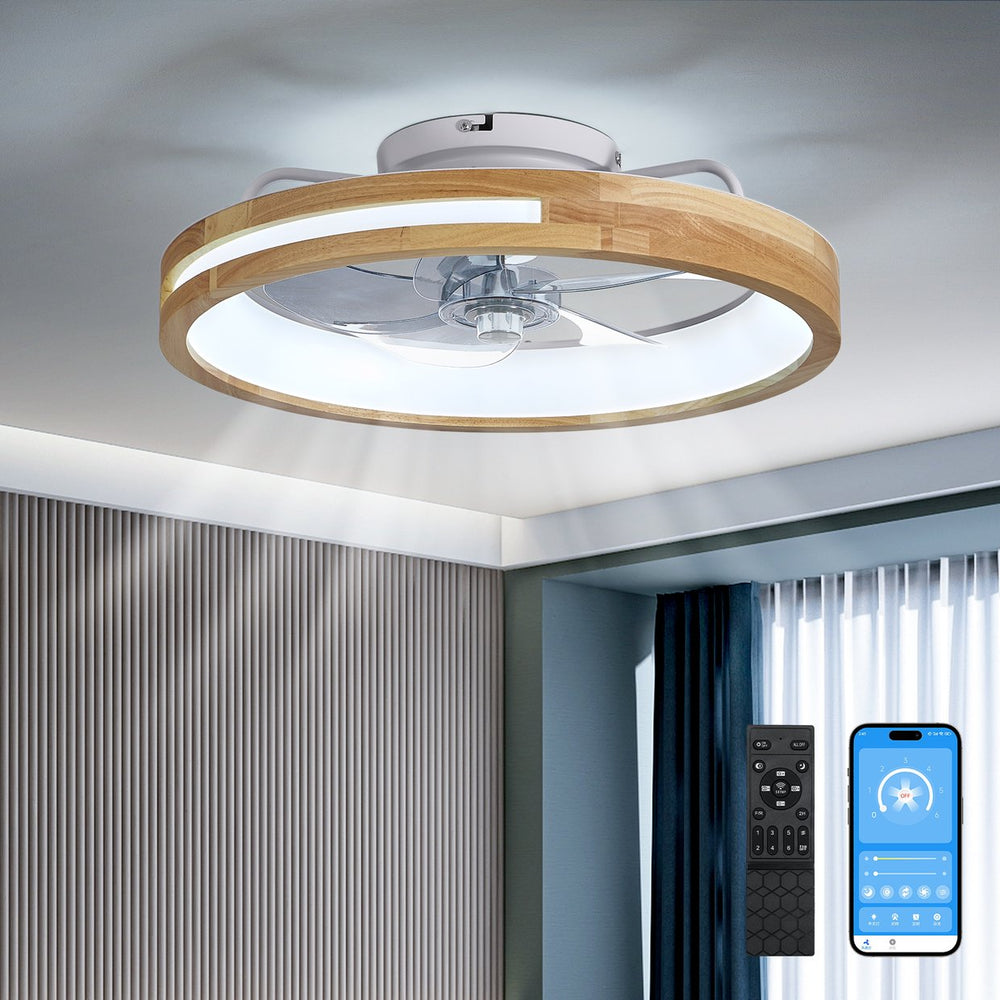 English Elm 20 Inch Flush Mount Ceiling Fan Wooden Frame Led Light Remote 6 Speed Bedroom W2312P475728