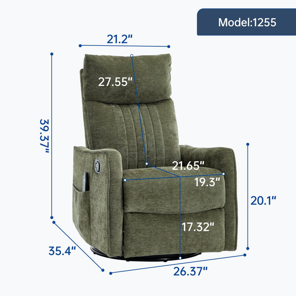 English Elm Beige Fabric Swivel Rocker Recliner with Massage Nodes and Lumbar Heat for Living Room Antique Green W1803P363423