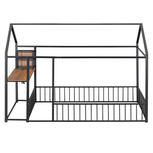 English Elm Twin House Bed Frame with Roof & Fence, Metal Twin Loft with Built-In Desk Shelves USB Outlets Black N737P173490B