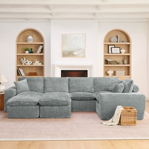 English Elm 107'' Boucle Modular Sectional with Reversible Chaise and Two Ottomans for Living Room Grey W1413S00163