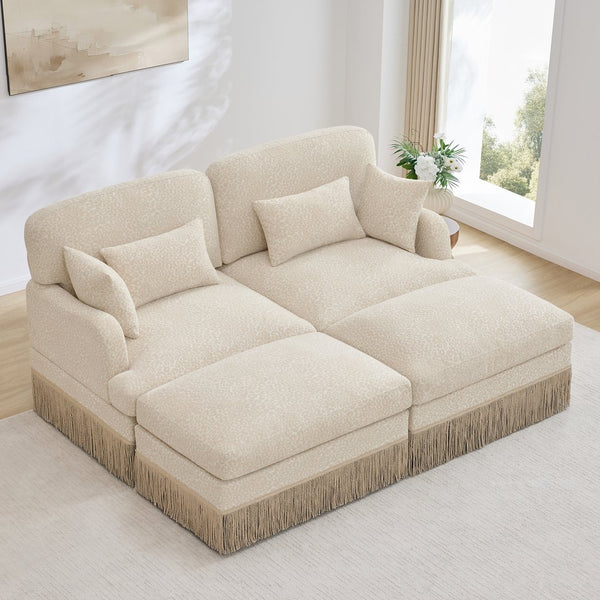 English Elm Comfy Chenille Leopard Print Loveseat with Tassel Trim and Movable Ottoman Modules Beige W5656S00003