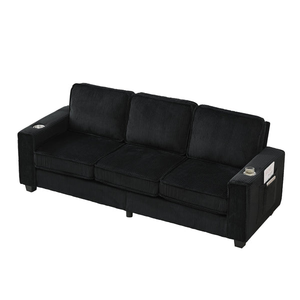 English Elm 84.25-inch Corduroy Three Seater Sofa with Cup Holders Modern Minimalist Living Room Couch Black W288P399981