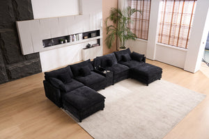 English Elm 145-inch Seven Piece Modular Cloud Sofa with Woolen Upholstery for Spacious Living Black W2564S00039