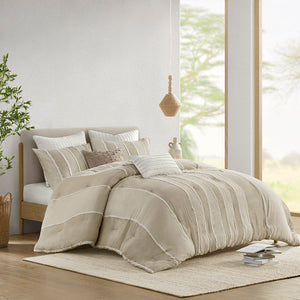 JLA Home INK+IVY - 3 Cotton Striped Comforter Set with OEKO-TEX, Hypoallergenic Fill, Boho Clip Jacquard Trim & Washable Taupe II10-1324