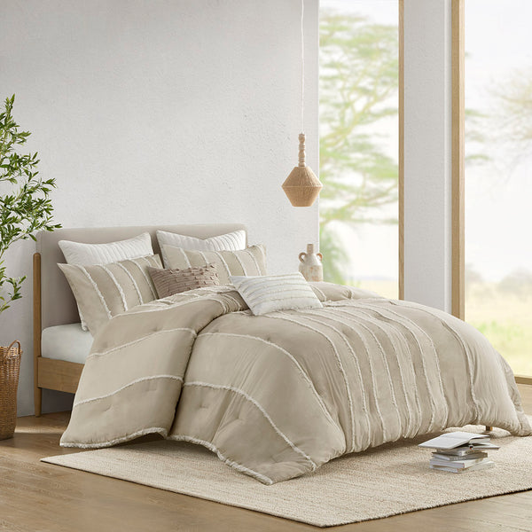 JLA Home INK+IVY - 3 Cotton Striped Comforter Set with OEKO-TEX, Hypoallergenic Fill, Boho Clip Jacquard Trim & Washable Taupe II10-1324
