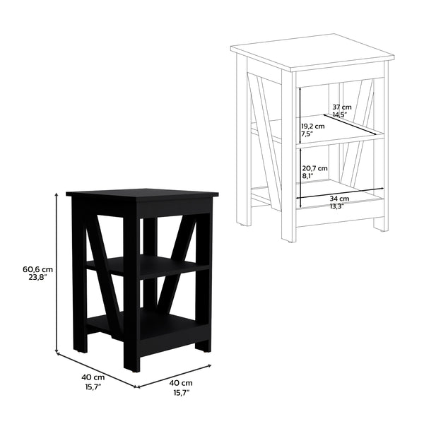 English Elm 3-Tier Engineered Wood End Table with Cross-Brace Legs, Compact Nightstand with Ample Shelving Space Black 34.6 L x 20.8 W x 3.14 H B097P199750