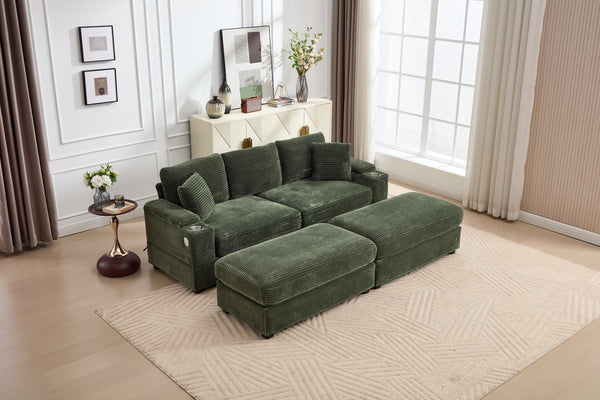 English Elm combination Modular Corduroy Sectional with Usb Charging Deep Foam Seats Green W2120S00013