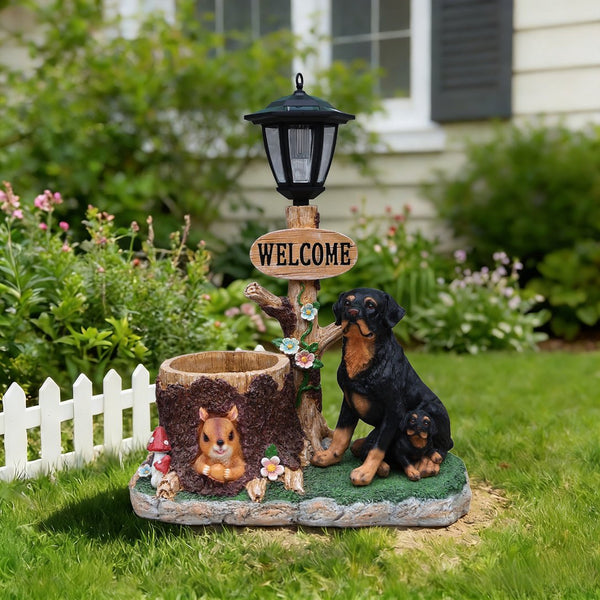 English Elm Rottweiler Mother and Puppy Sculptural Garden Planter Weatherproof Outdoor Accent W5398P464249