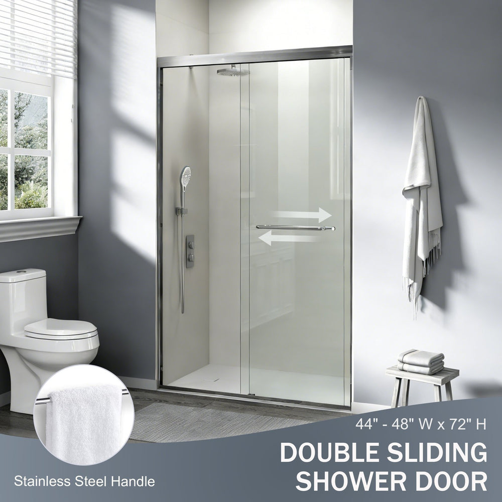 English Elm 44" Semi-frameless Double Sliding Shower Door Brushed Gold Tempered Glass Walk-in Brushed Nickel W1920P385321
