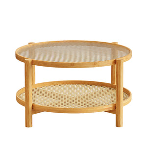 English Elm Rattan 2-Tier Bamboo Coffee Table with Water Ripple Glass Top, PVC Rattan Shelf, Natural White Modern Elegance W2992P347391