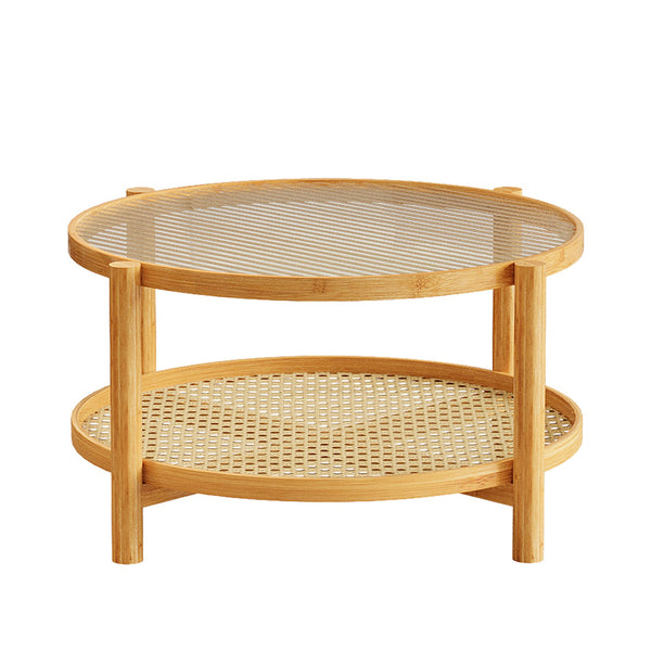 English Elm Rattan 2-Tier Bamboo Coffee Table with Water Ripple Glass Top, PVC Rattan Shelf, Natural White Modern Elegance W2992P347391