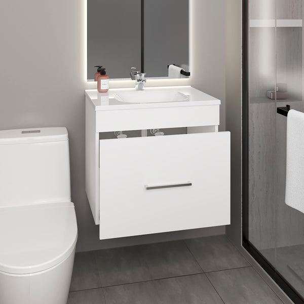 English Elm One Blanco Kronos Bath Vanity Hatta with One Door, Two Drawers & Open Shelf — Compact White MDF Storage Elegance B200P313683