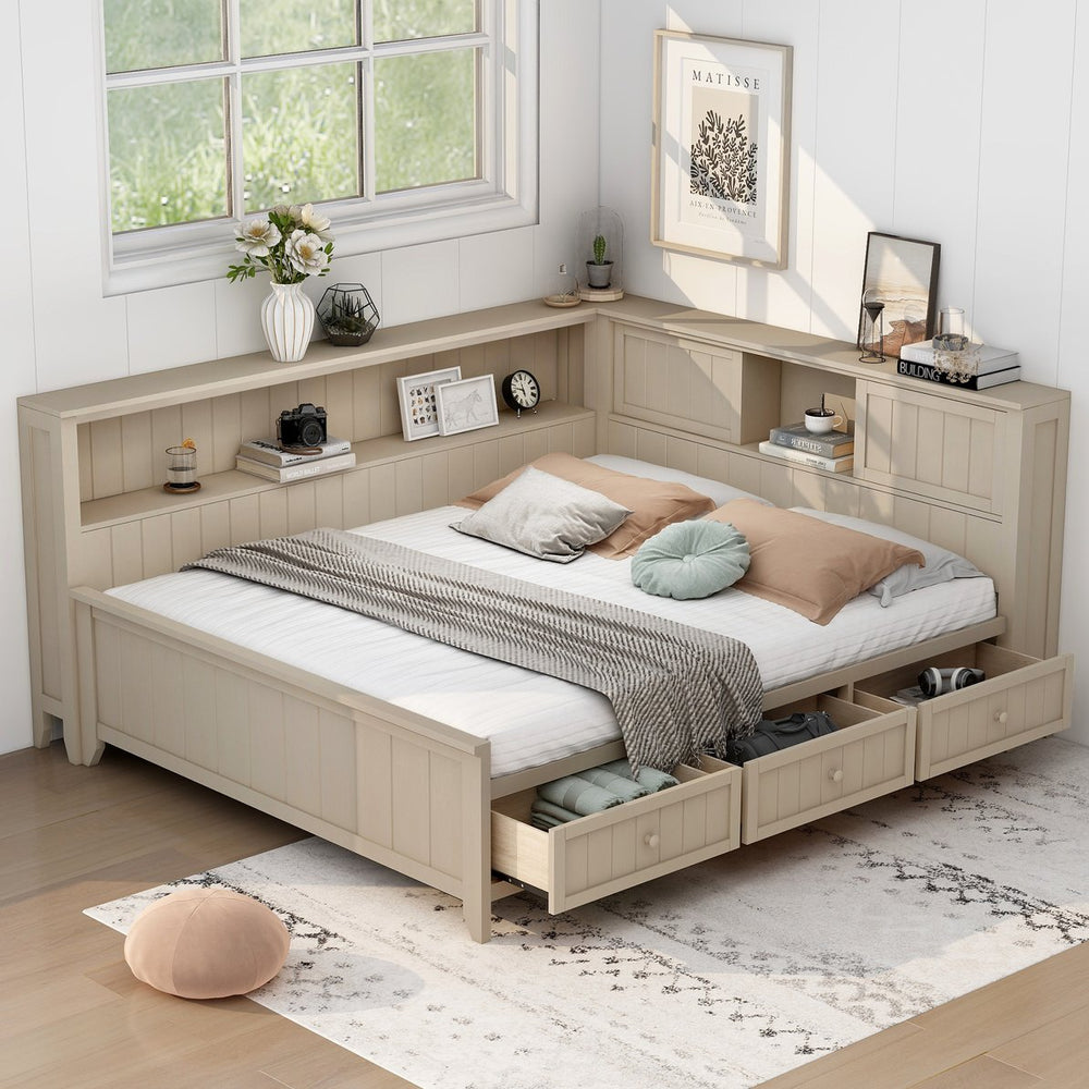 English Elm Full Full Size Wood Daybed with 3 Drawers & Shelves, Antique White Milk Finish — Storage, Charm, 400lb Capacity GX002214AAK