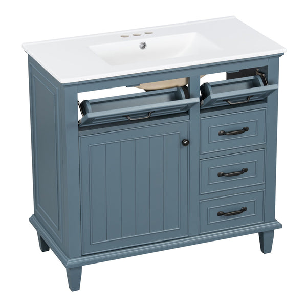 English Elm 36 Inch Bathroom Vanity With Ceramic Sink, Adjustable Shelf, Stylish Storage, Modern Blue Finish N725P336554C