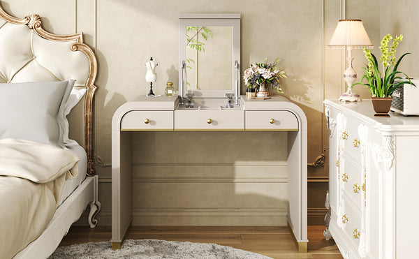 English Elm Classic Flip Top Vanity Desk with Gold Accents 2 Drawer Retro Bedroom Dressing Table Champagne N704P381406C