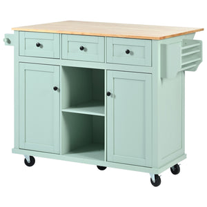 English Elm Kitchen Cart with Drop-Leaf Rubberwood Countertop, Rolling Island with Cabinet, Drawers & Racks for Dining Room - Stylish Durable Storage Solution Mint Green WF298028AAE