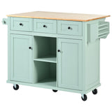 English Elm Kitchen Cart With Rubber Wood Drop-Leaf Countertop ,Cabinet Door Internal Storage Racks,Kitchen Island On 5 Wheels With Storage Cabinet and 3 Drawers For Dinning Room, Mint Green