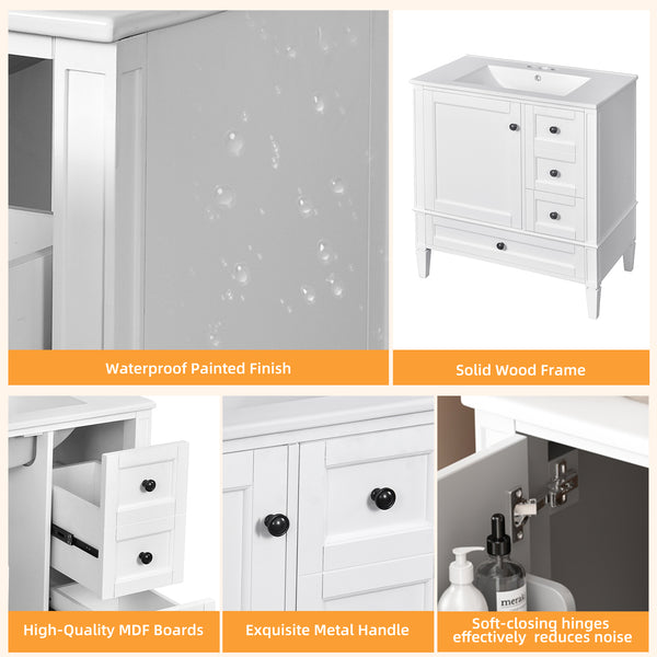 English Elm 30 30 Inch Bathroom Vanity with Ceramic Sink, Modern Compact 3-Drawer Storage Cabinet for Small Baths White N710P247499K