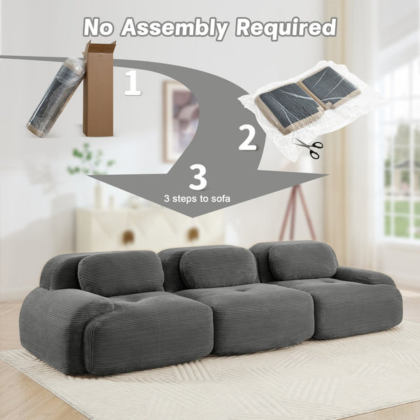 English Elm 3-seat Modular Corduroy Sectional Sofa Ergonomic Curved Design for Living Rooms Grey W714S01266