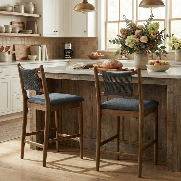 English Elm Arno Rubberwood Counter Stools with Rope Backrest and Charcoal Seat Set of 2 N775P366302B