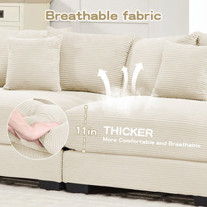 English Elm 130" Oversized Modular L-Shape Sectional Couch In Cream, Luxurious Corduroy, Ergonomic With Ottoman & 9 Pillows W714S01288