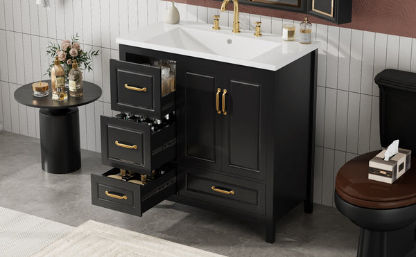 English Elm Christopher Knight Home® - 36" Freestanding Bathroom Vanity with Resin Sink, Soft-Close Doors & Drawers, Gold Alloy Handles, Spacious Storage and Easy Plumbing Access Black N759P292552B