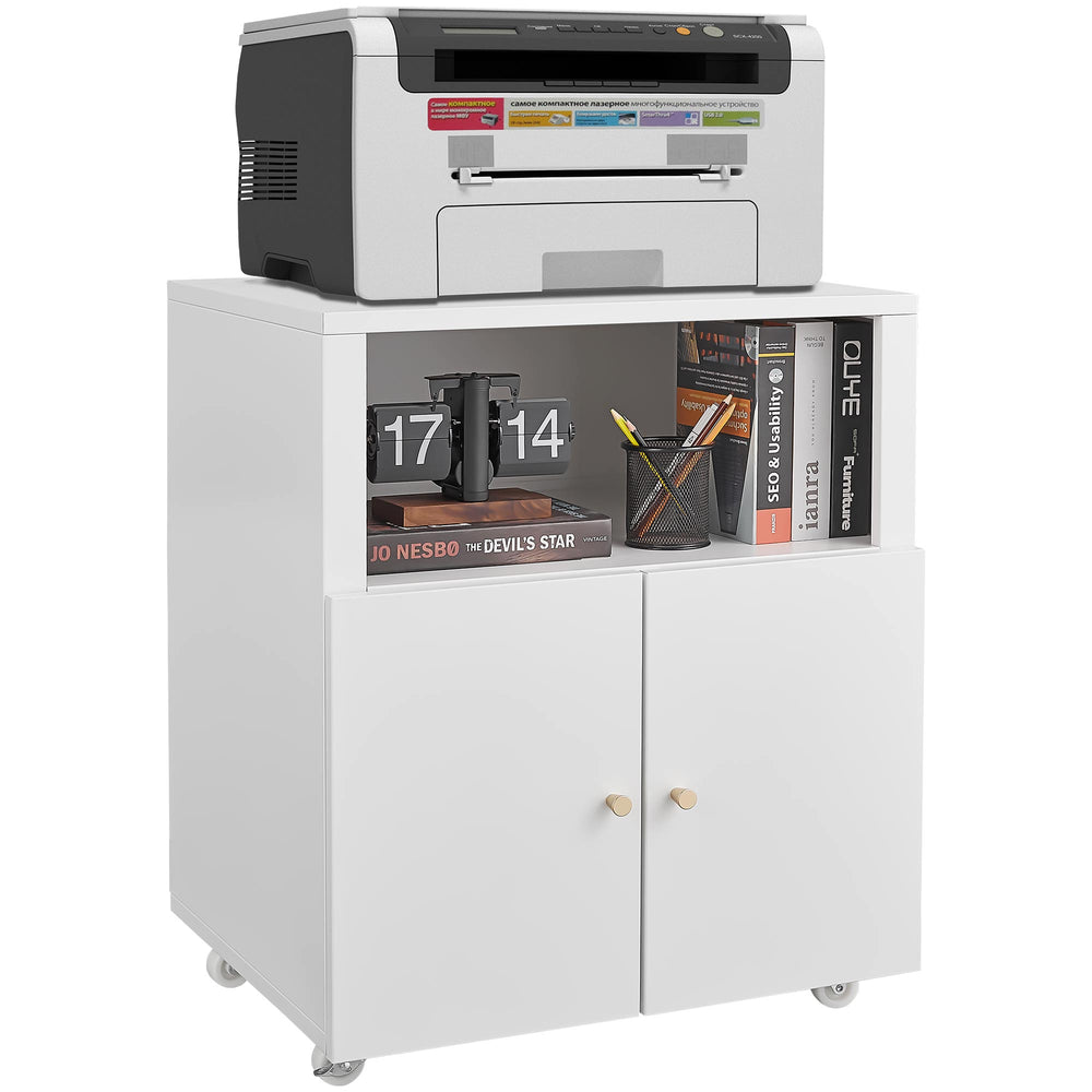 English Elm Home Office Rolling Printer Cart with Lateral Filing Cabinet and Open Storage Shelf White W1247P236440