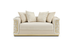 English Elm Talia Chic Micro Suede Loveseat with Patterned Arms, Gloss Brass Trim & Kiln-Dried Hardwood Frame Ivory 35 L x 26 W x 69 H B078P301557