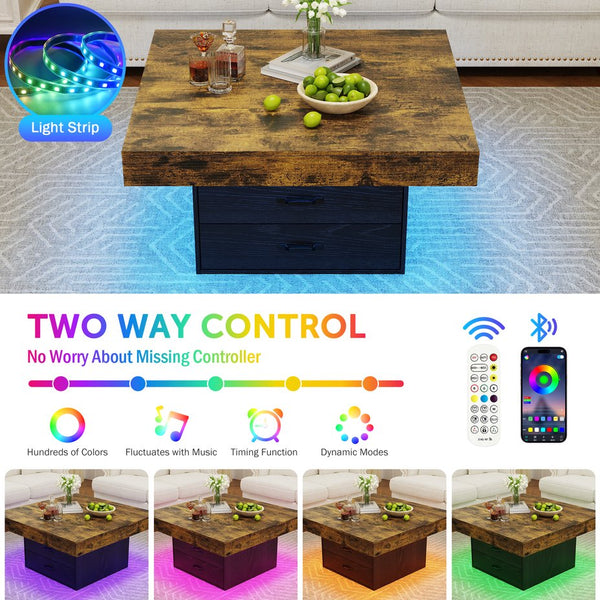English Elm Coffee Table Square Led Lit Engineered Wood Farmhouse Design with Storage Drawers Black W1550P317687