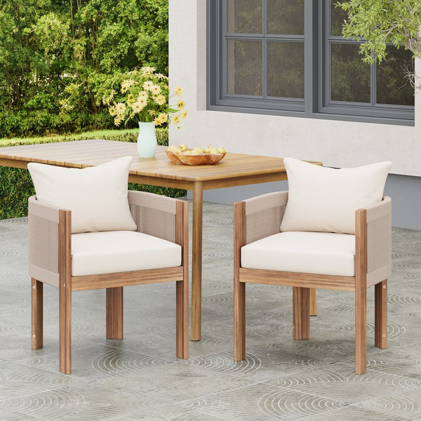 English Elm Christopher Knight Home® - Matera Teak & Beige Dining Chairs Set of 2 – Acacia Wood Frame, Rope Back, Removable Washable Cushions N775P255932T
