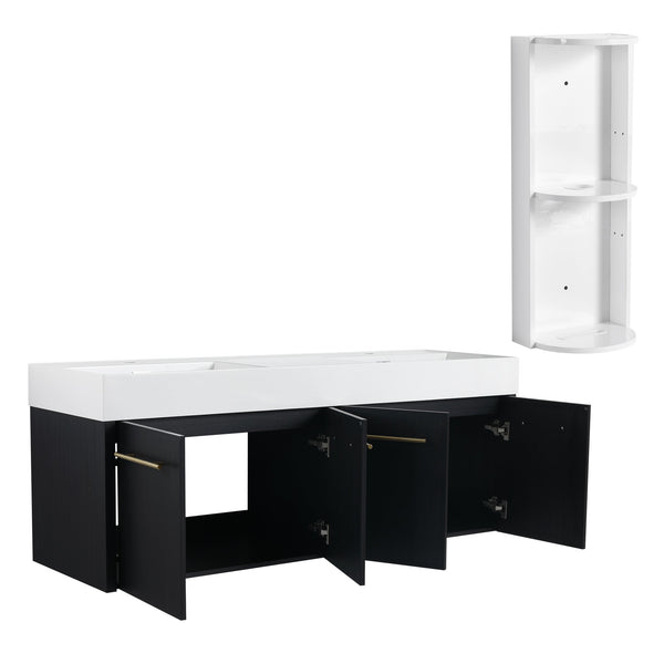 English Elm 60 Inch Wall-Mounted Bathroom Vanity With Double Resin Sink & Stylish Storage Rack, Easy Assembly W999S00372