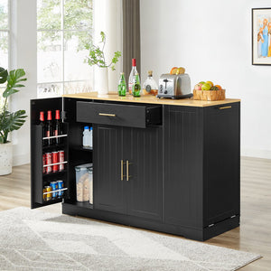 English Elm 53 Inch Large Kitchen Island With Hidden Trash Storage & Adjustable Shelves, Black & Oak Finish W1820P199483