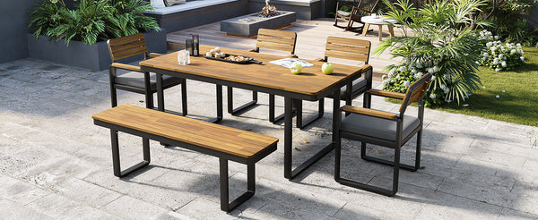 English Elm 6-piece Outdoor Acacia Wood Patio Dining Set with Cushioned Chairs Bench Steel Frame Gray N704G201255E