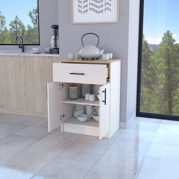 English Elm Ivory Compact 2-Door Kitchen Pantry with Drawer — Space-Saving Melamine Cabinet in Natural Oak Finish B062P227649