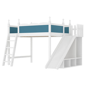 English Elm Twin Loft Bed Solid Pine Frame with Wardrobe Shelving Detachable Slide Kids Room White+Blue W5305S00024