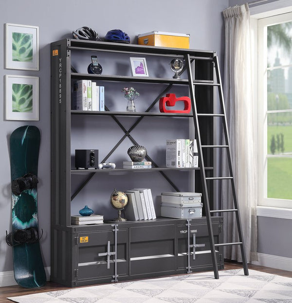 English Elm Cargo Gunmetal Industrial Bookcase w/Removable Ladder, 4 Open Compartments, 2 Doors, Metal Cargo Container Style Lock B2726P285840
