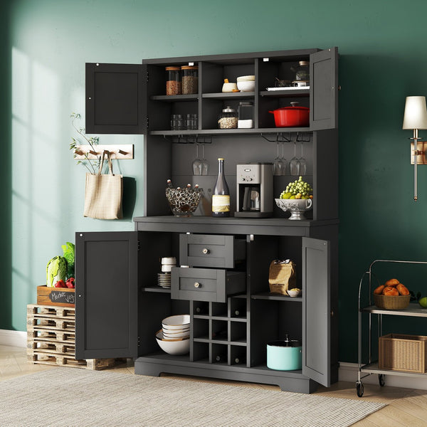 English Elm Coffee Bar Cabinet Dark Blue Farmhouse Buffet with Wine Cubbies, Stemware Rack, Drawers, Shelves & Prep Space Black W1580S00088