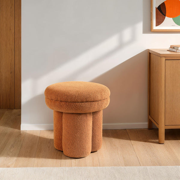 English Elm Saddle Saddle Brown Mushroom Accent Stool — 17.5" Round Shearling Ottoman, Plush Pedestal Base Cozy Seat B2741P388378