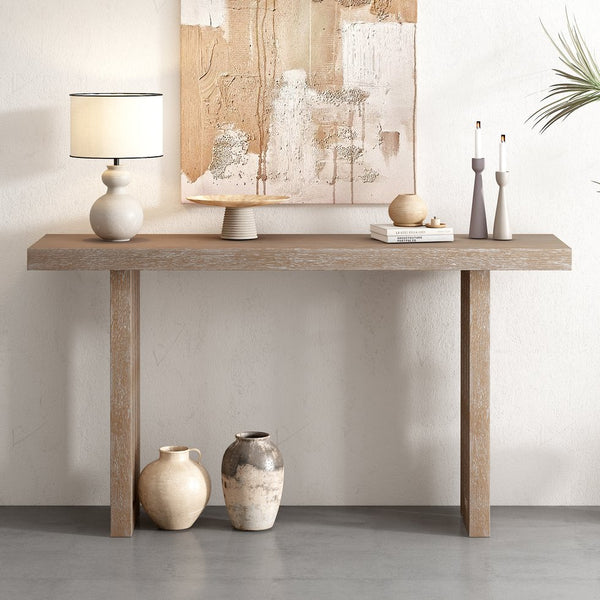 English Elm U_style Oak Veneer Console Table Sculptural Cutout Sides for Entryway or Hallway N711P241282A