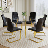 English Elm A Modern Minimalist Style Round Transparent Tempered Glass Table With Gold Metal Legs, Paired With 6 Modern Pu Leather High-Back Dining Chairs ,Bring A Luxurious Experience.