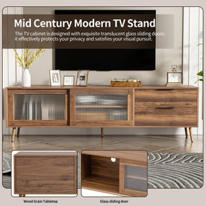 English Elm Modern TV Stand Walnut 70.8" Mid-Century Media Console for 75"+ TVs with Glass Doors, Drawers & Cable Management N710P222776P