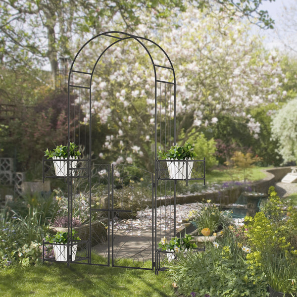 English Elm Outsunny 7' Garden Arch Arbor with Double Gate, Planters & Scrollwork Trellis for Vines, Black W2225P200806