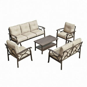 English Elm 5-piece Outdoor Conversation Set Steel Frame Patio Sofa Loveseat Chairs Table Beige B082S00120