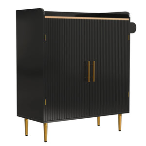 English Elm Modern Fluted Bar Cabinet with Wine Rack Glass Holders Adjustable Shelving and Hidden Drawer Black N728P438606B