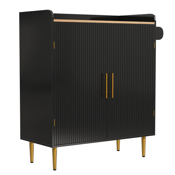 English Elm Modern Fluted Bar Cabinet with Wine Rack Glass Holders Adjustable Shelving and Hidden Drawer Black N728P438606B